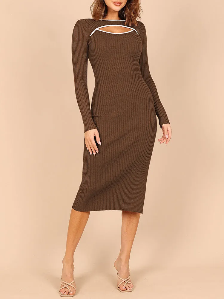 Women's Bodycon Midi Dress Long Sleeve Cut Out Ribbed Knit Party Club Dress