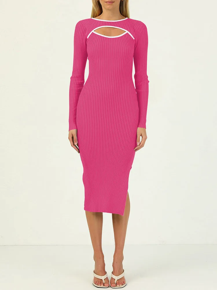 Women's Bodycon Midi Dress Long Sleeve Cut Out Ribbed Knit Party Club Dress