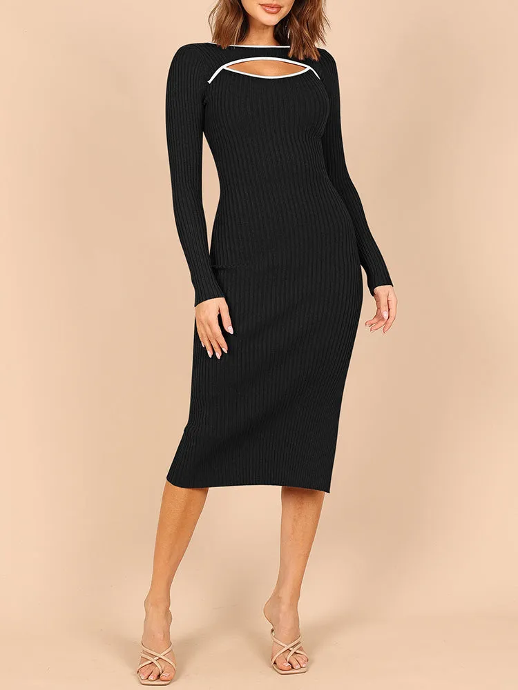 Women's Bodycon Midi Dress Long Sleeve Cut Out Ribbed Knit Party Club Dress