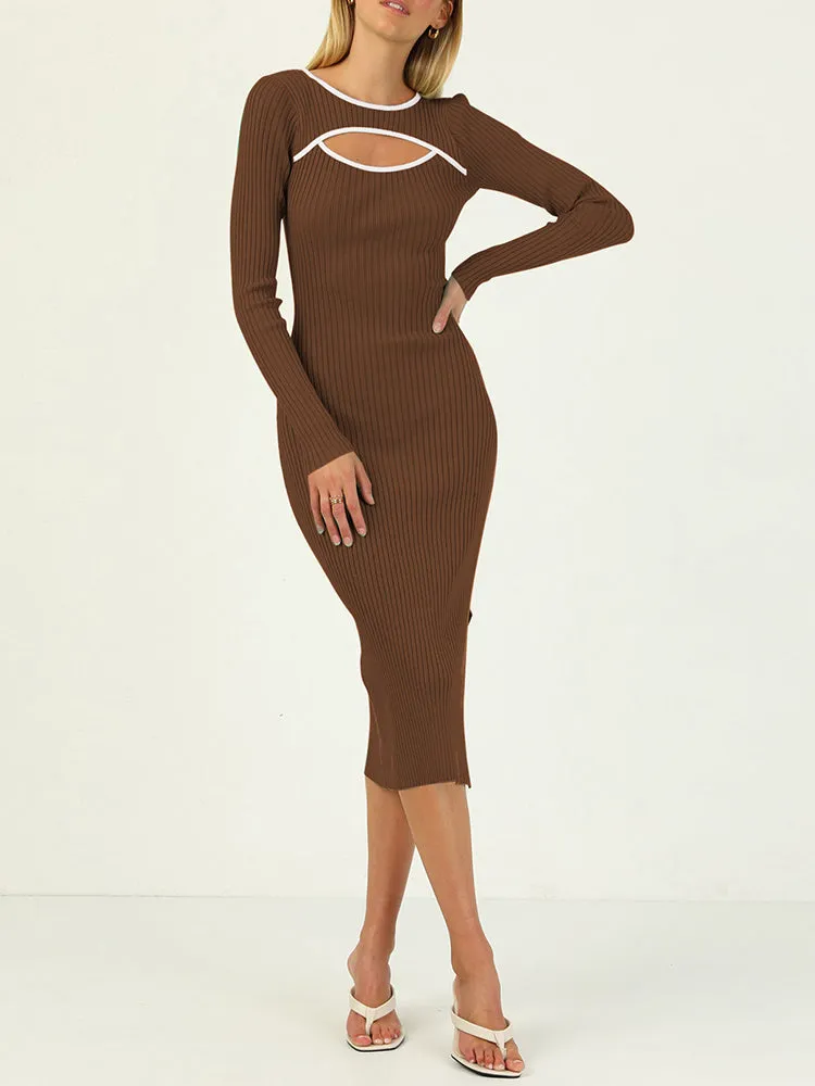 Women's Bodycon Midi Dress Long Sleeve Cut Out Ribbed Knit Party Club Dress