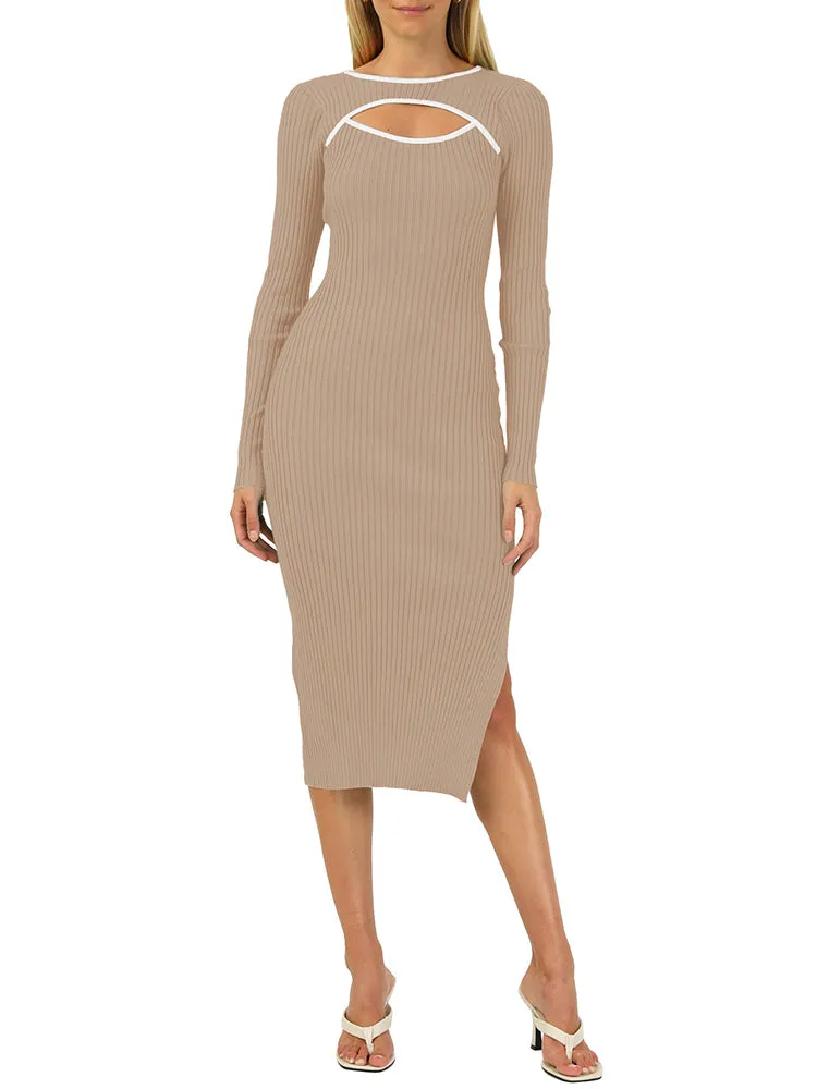 Women's Bodycon Midi Dress Long Sleeve Cut Out Ribbed Knit Party Club Dress