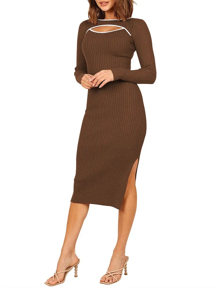 Women's Bodycon Midi Dress Long Sleeve Cut Out Ribbed Knit Party Club Dress