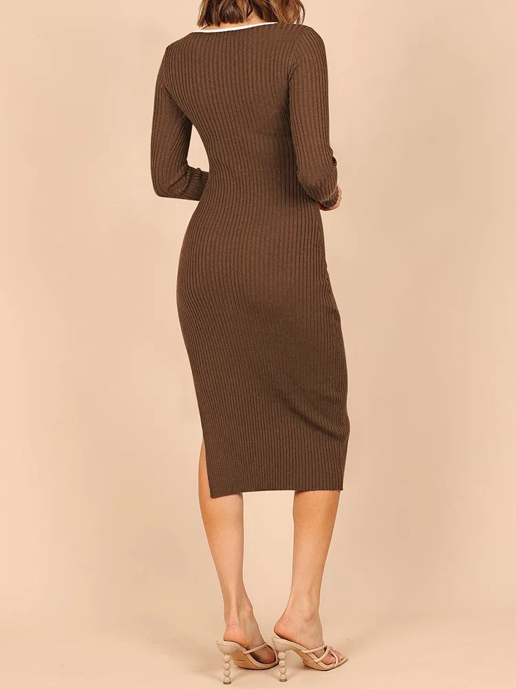 Women's Bodycon Midi Dress Long Sleeve Cut Out Ribbed Knit Party Club Dress