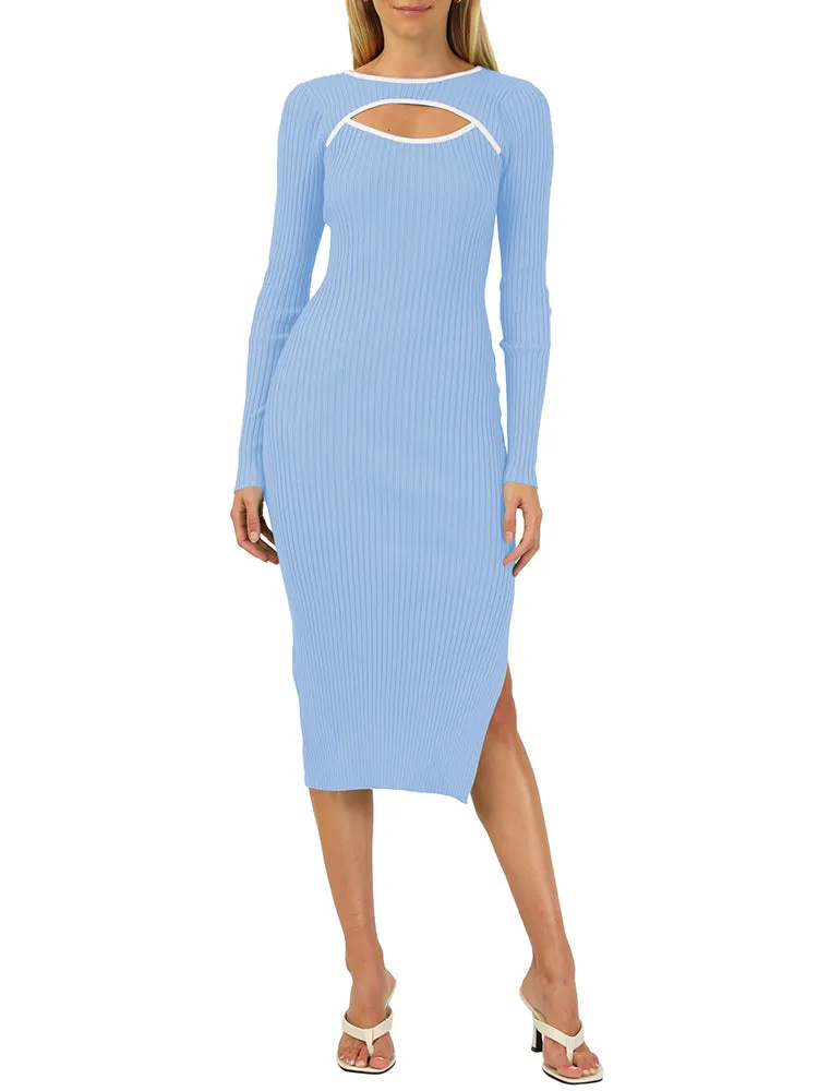 Women's Bodycon Midi Dress Long Sleeve Cut Out Ribbed Knit Party Club Dress