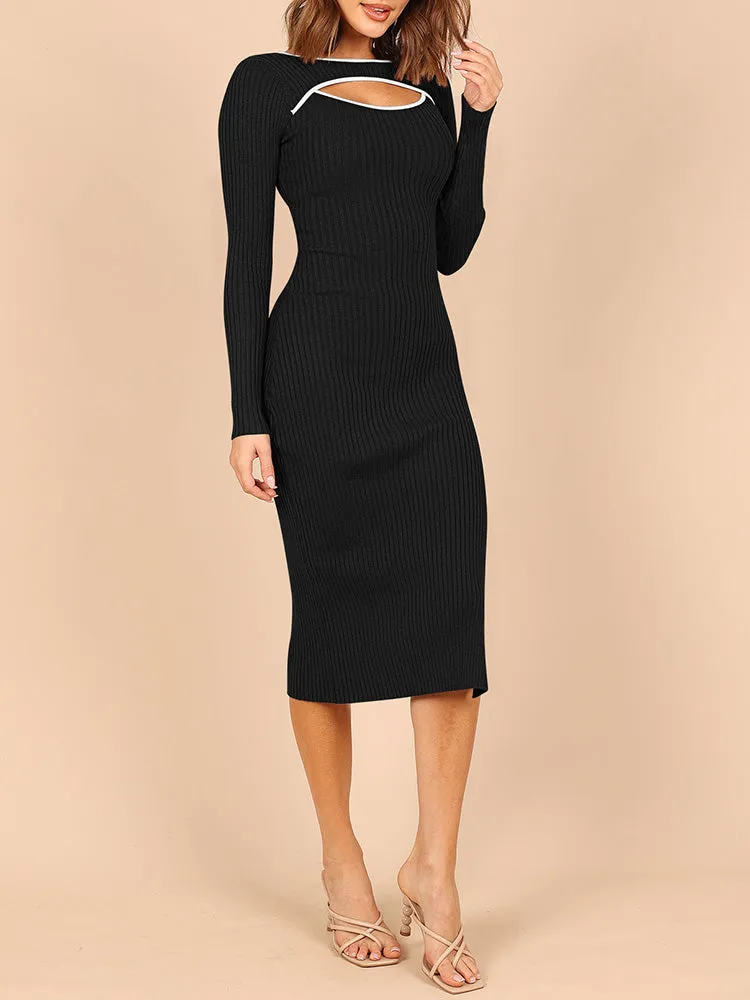 Women's Bodycon Midi Dress Long Sleeve Cut Out Ribbed Knit Party Club Dress