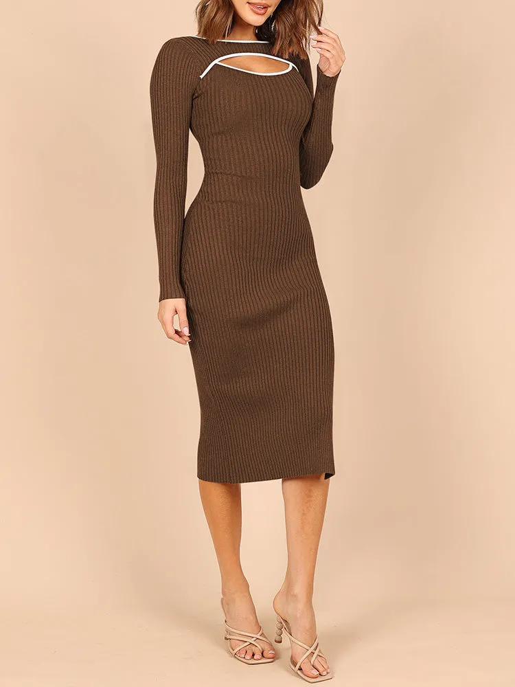 Women's Bodycon Midi Dress Long Sleeve Cut Out Ribbed Knit Party Club Dress