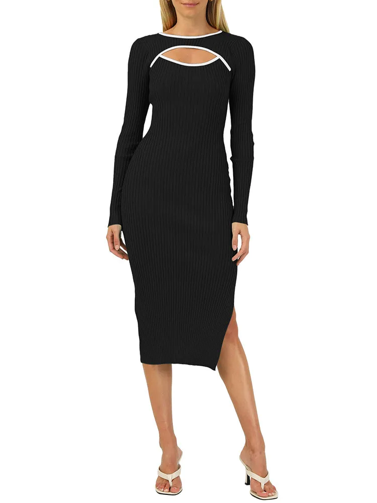 Women's Bodycon Midi Dress Long Sleeve Cut Out Ribbed Knit Party Club Dress