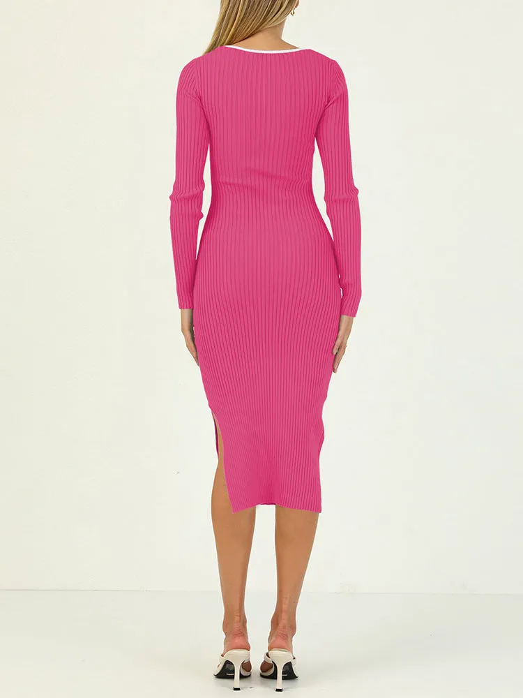 Women's Bodycon Midi Dress Long Sleeve Cut Out Ribbed Knit Party Club Dress