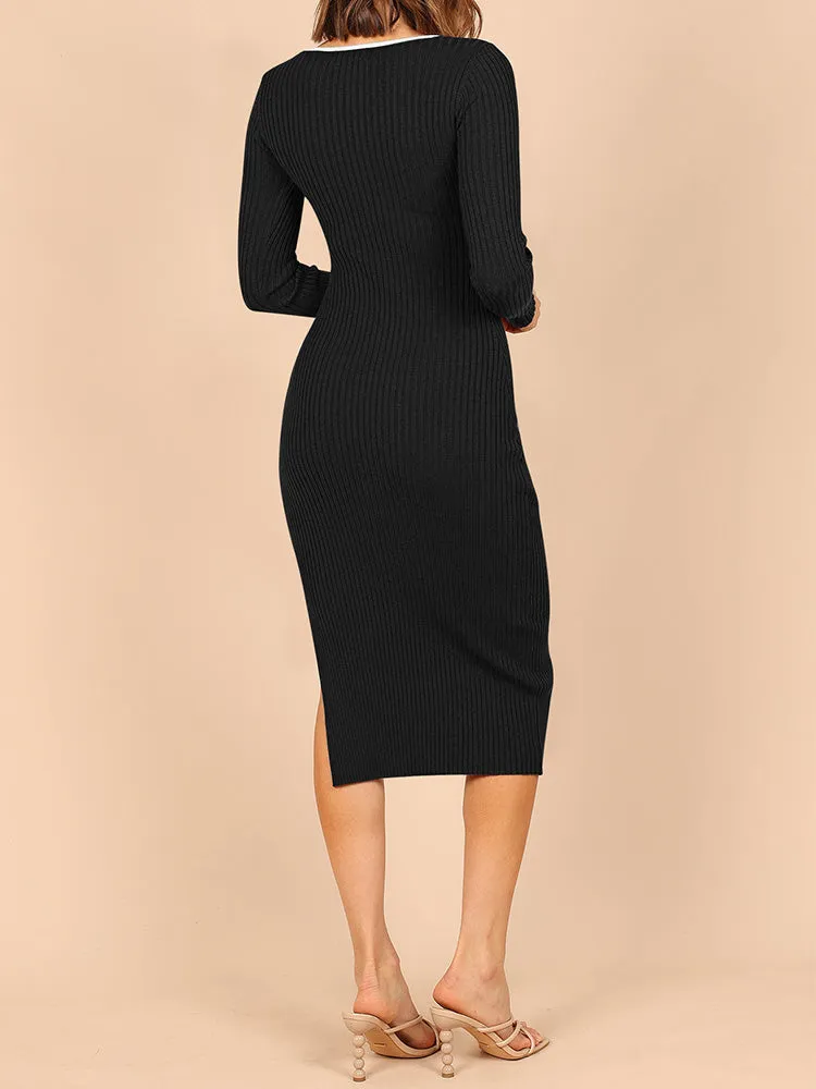 Women's Bodycon Midi Dress Long Sleeve Cut Out Ribbed Knit Party Club Dress