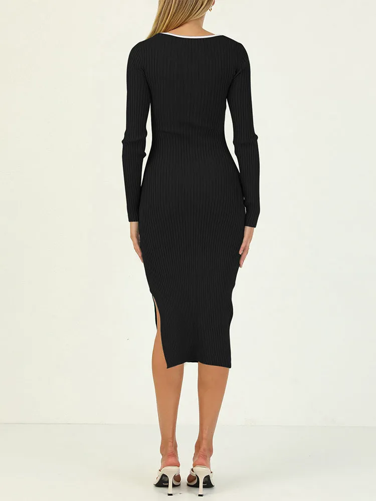 Women's Bodycon Midi Dress Long Sleeve Cut Out Ribbed Knit Party Club Dress