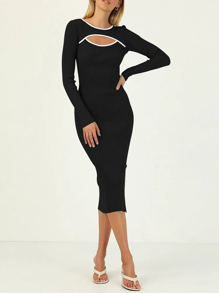 Women's Bodycon Midi Dress Long Sleeve Cut Out Ribbed Knit Party Club Dress