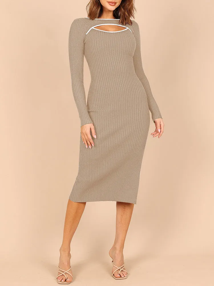 Women's Bodycon Midi Dress Long Sleeve Cut Out Ribbed Knit Party Club Dress