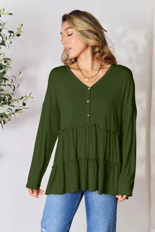 Women's Double Take Half Button Long Sleeve Ruffle Hem Blouse