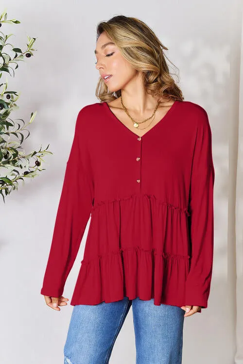 Women's Double Take Half Button Long Sleeve Ruffle Hem Blouse