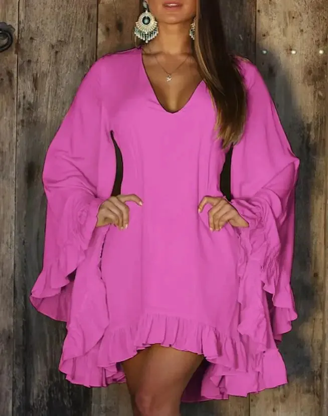 Women's Dress 2023 Spring/Summer Beach Vacation Fashion Sweet Solid Color Ruffle Hem Bell Sleeve V Neck Long Sleeve Dress