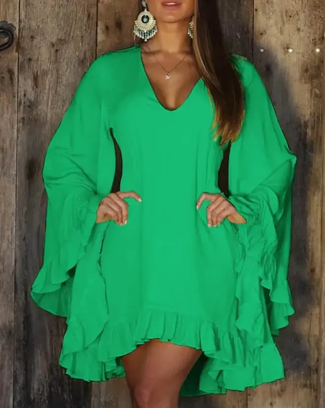 Women's Dress 2023 Spring/Summer Beach Vacation Fashion Sweet Solid Color Ruffle Hem Bell Sleeve V Neck Long Sleeve Dress