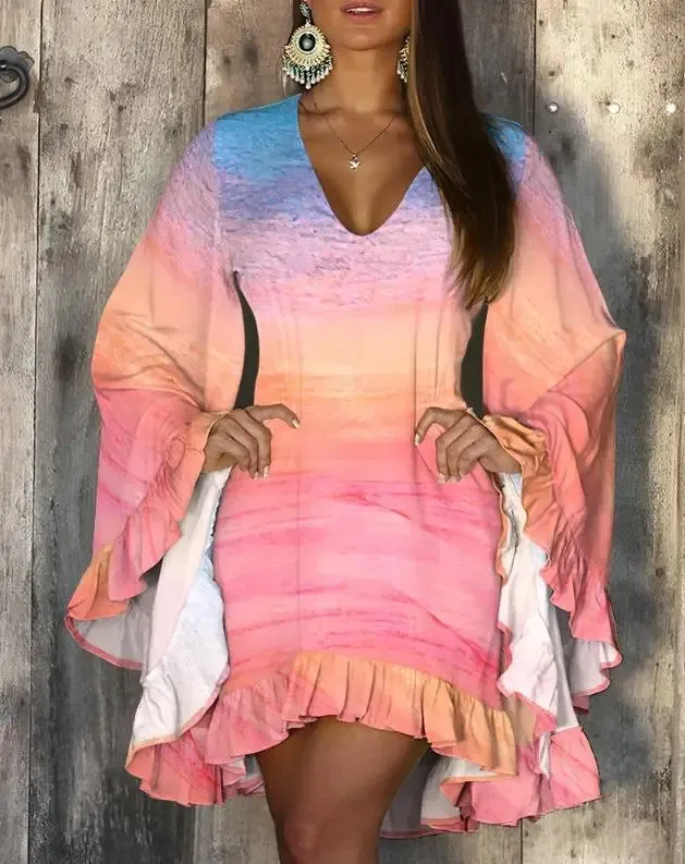 Women's Dress 2023 Spring/Summer Beach Vacation Fashion Sweet Solid Color Ruffle Hem Bell Sleeve V Neck Long Sleeve Dress